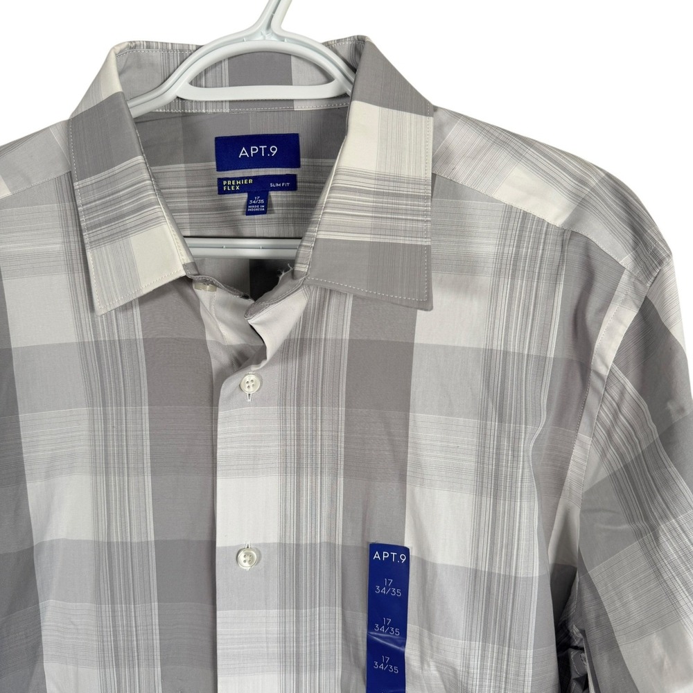 Apt 9 Premier Flex Slim Fit Button Up Shirt Mens 17 34/35 Gray Plaid Long Sleeve